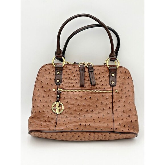 Giani Bernini Classy Ostrich-Embossed Dome Satchel Brown Handbag Purse New - Picture 2 of 9